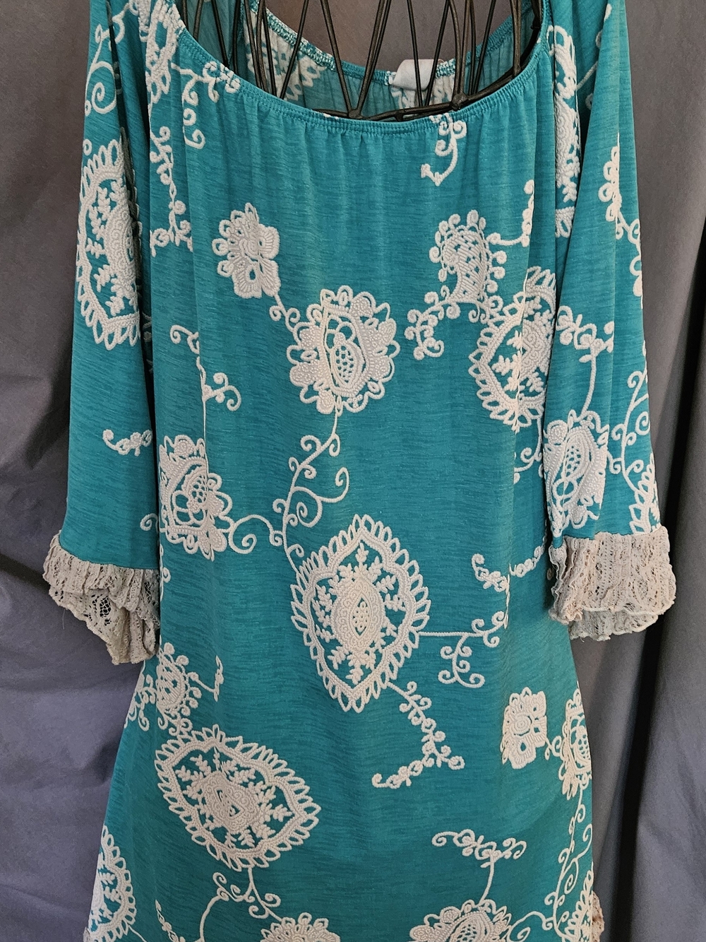 2 B Together Boho Teal Embroidered Women’s Top with Lace Trim